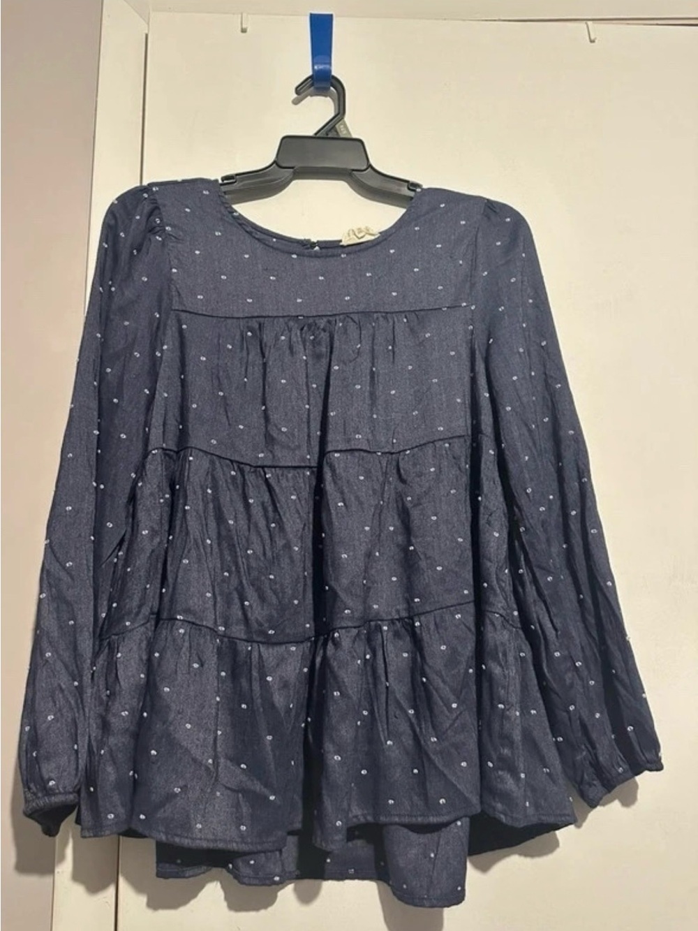 Navy Blue Polka Dot Tiered Long-Sleeve Tunic Top